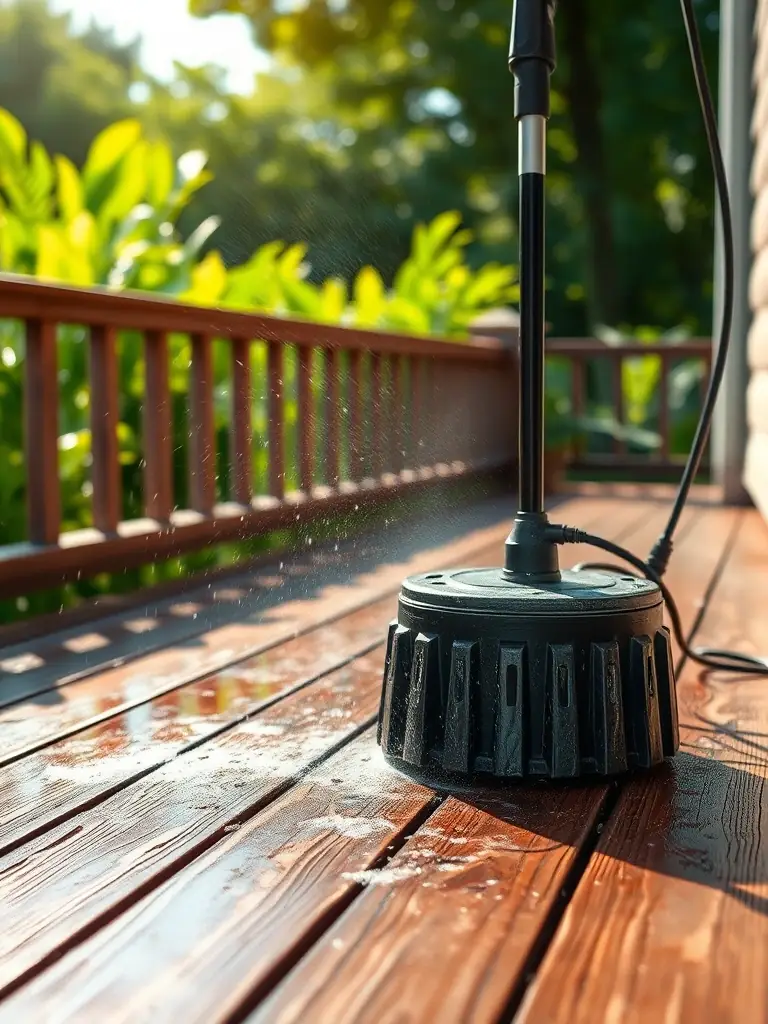 A wooden deck being power washed, showing the transformation from dirty to clean.