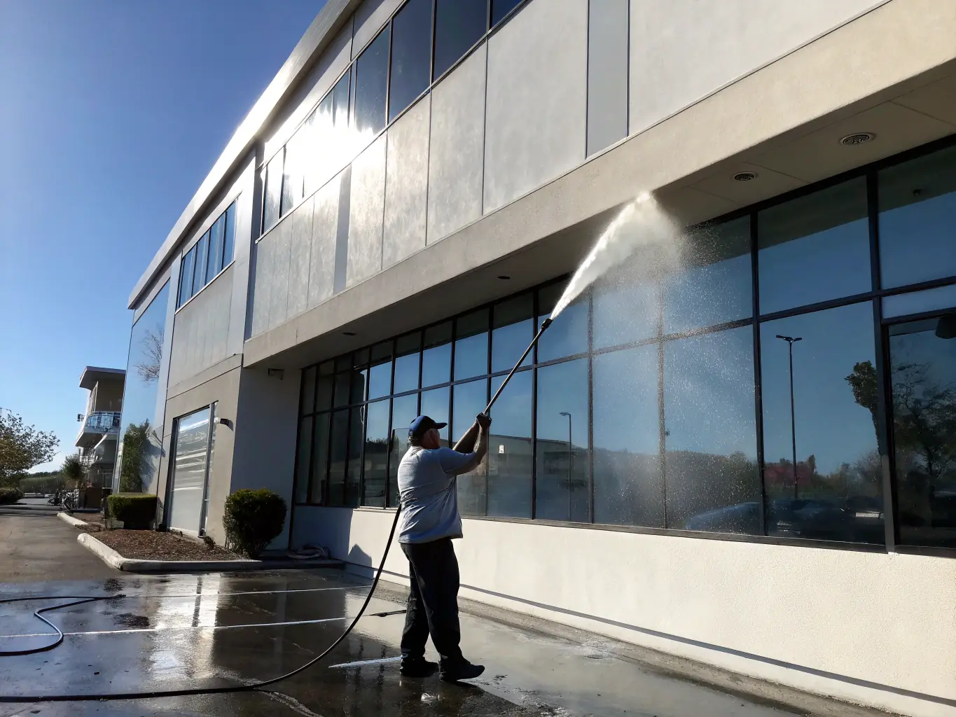 A commercial building with a spotless facade after being power washed, highlighting Optimized Pressure Washing LLC's commercial cleaning capabilities.