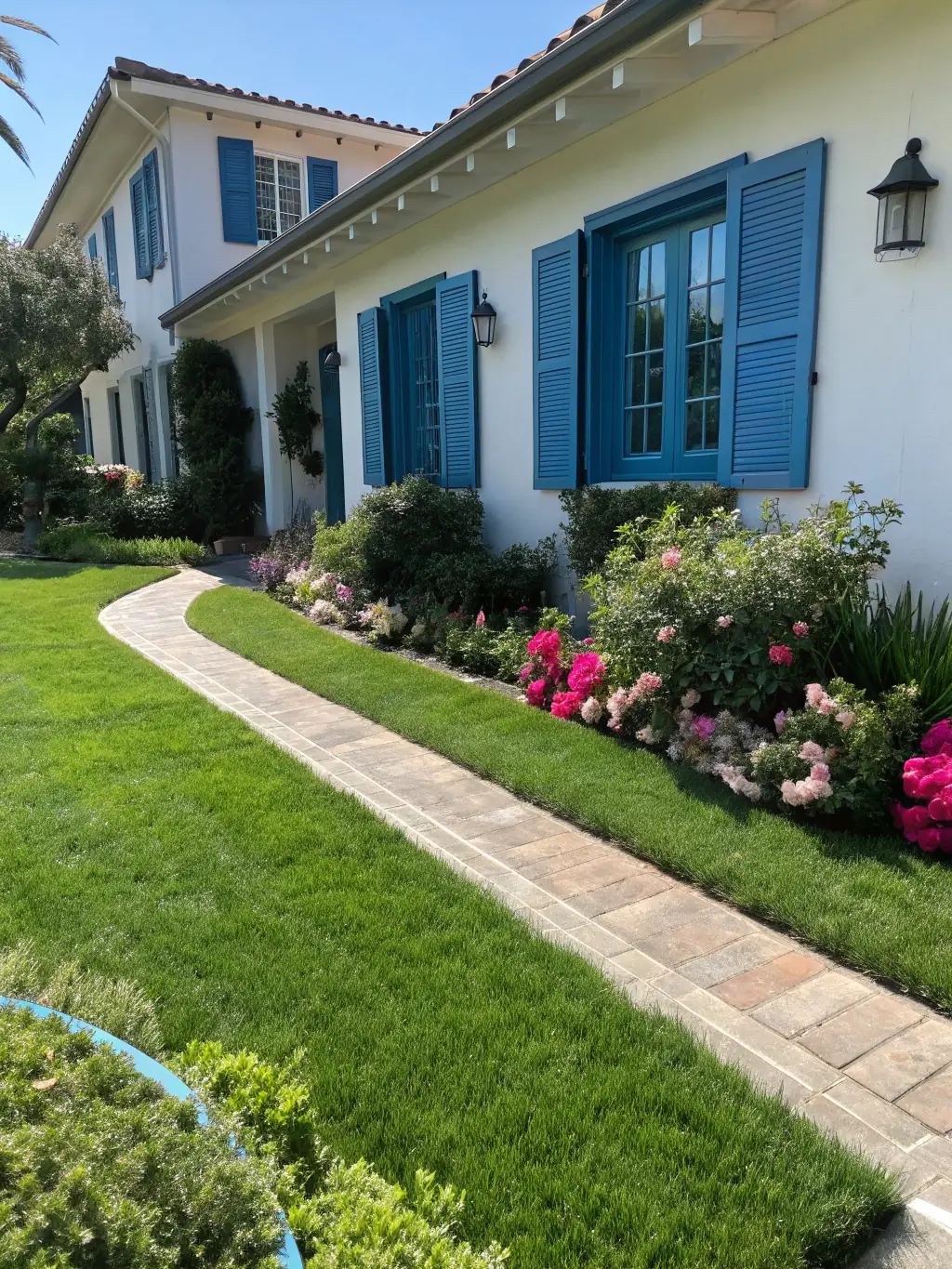 A clean, freshly washed house exterior with a bright driveway and vibrant landscaping, showcasing residential power washing services.