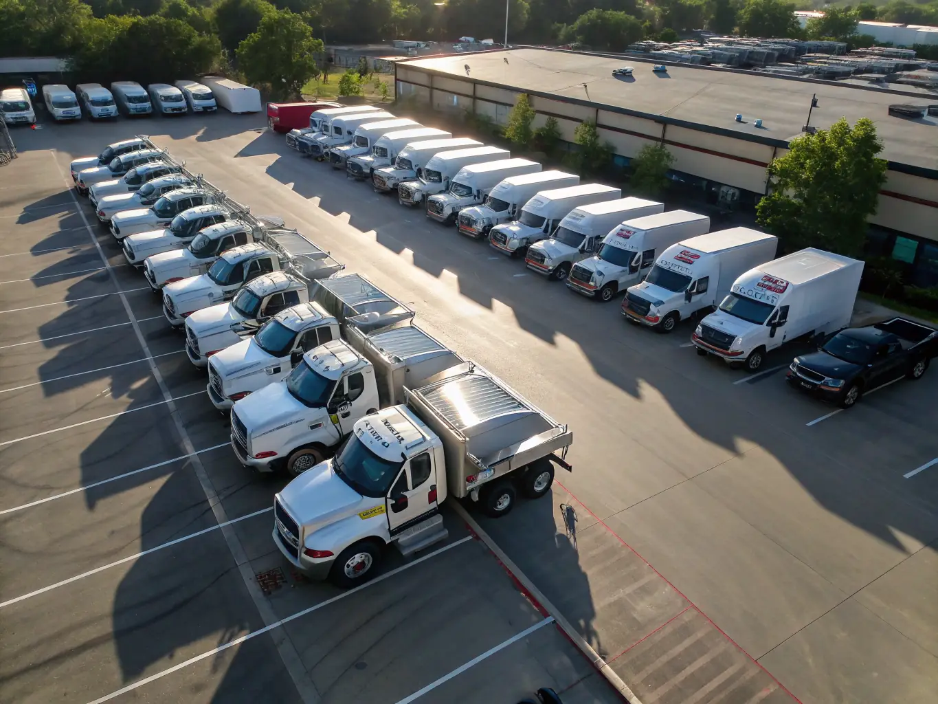 A fleet of clean commercial vehicles after being power washed, demonstrating Optimized Pressure Washing LLC's fleet and equipment cleaning services.