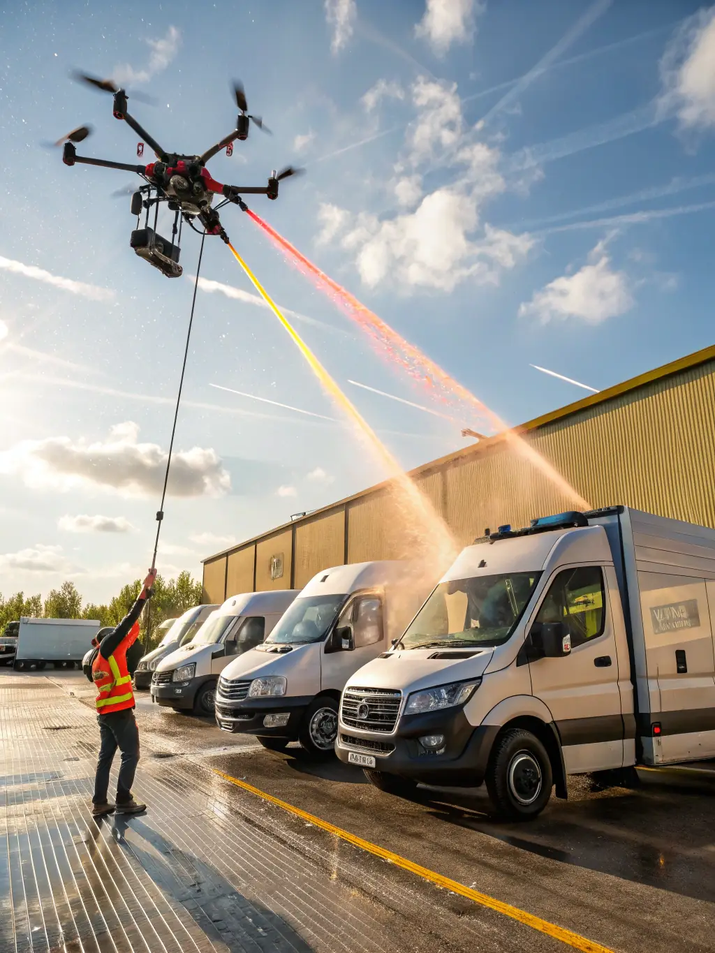 A fleet of trucks being power washed with high-pressure equipment, demonstrating fleet and equipment cleaning services.