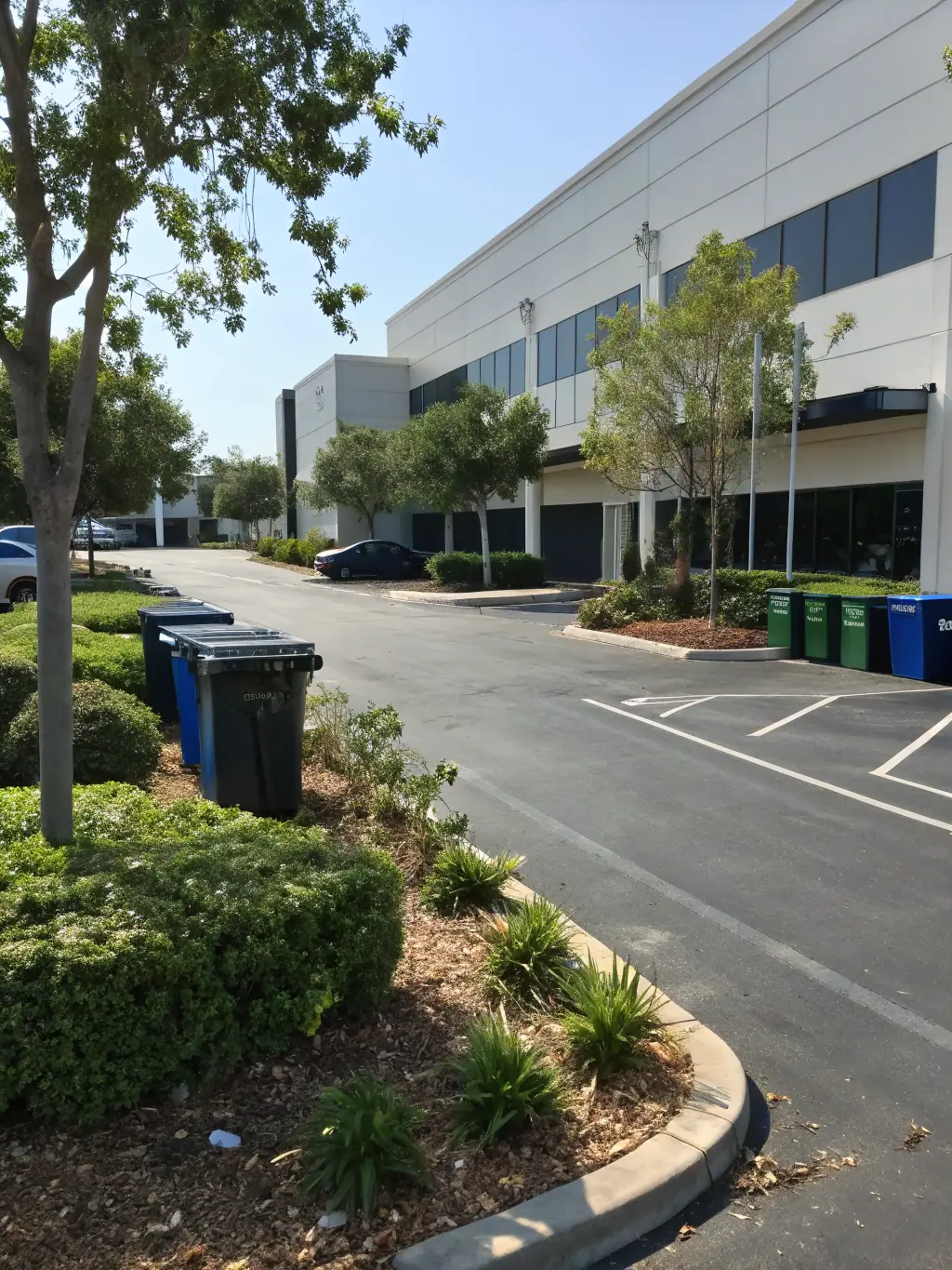 A commercial building with a spotless facade and clean parking lot, highlighting commercial power washing services.